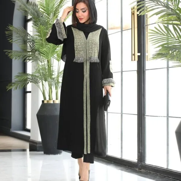 مانتو شانتون لمه دار آستین گل جت بلک